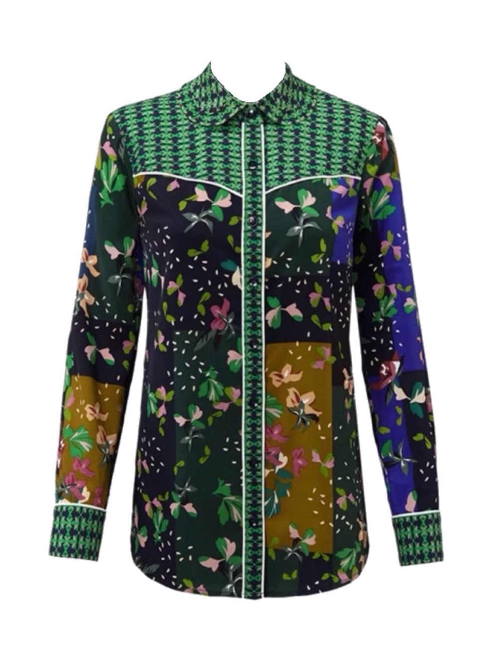 Cabi Bronco Floral Patchwork Button-Up Shirt in Green & Navy
